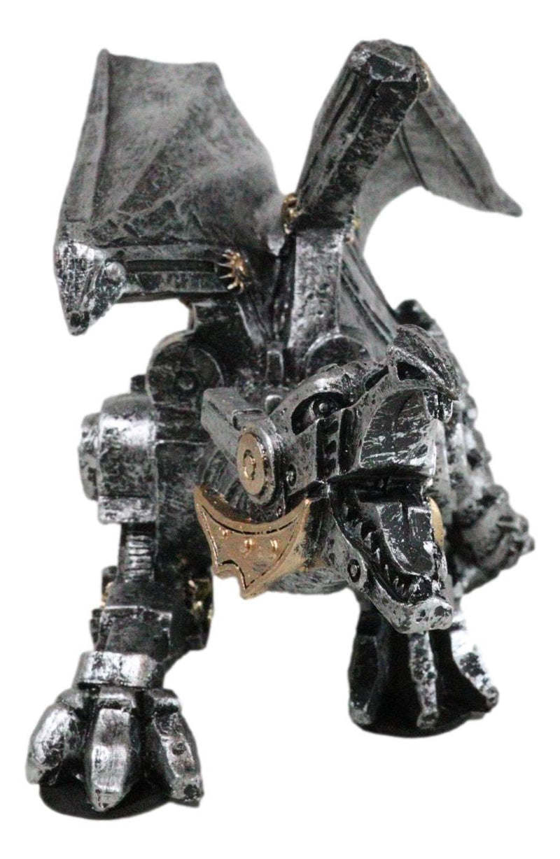 Roaring Steampunk Silver Robotic Cyborg Winged Geared Clockwork Dragon Figurine