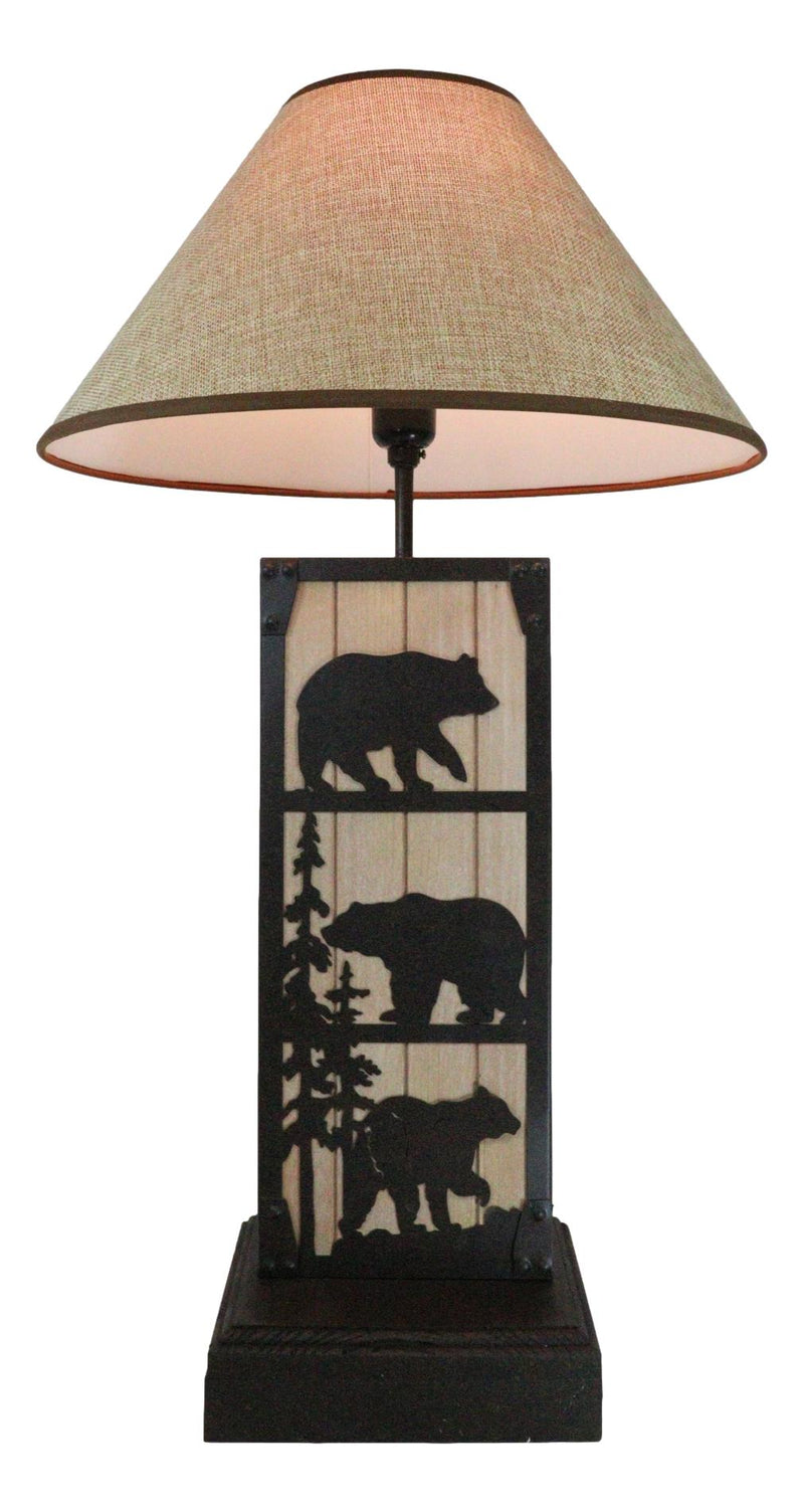 Rustic Western Black Bears In Forest Wood And Metal Bedside Desktop Table Lamp