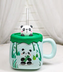 Cute Panda Bear By Bamboo Forest Green Ceramic Mug With Silicone Lid And Straw