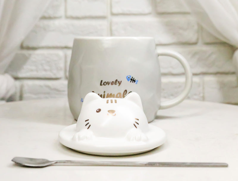 Whimsical Grey Chubby Feline Kitty Cat Cup Mug With Lid And Stirring Spoon