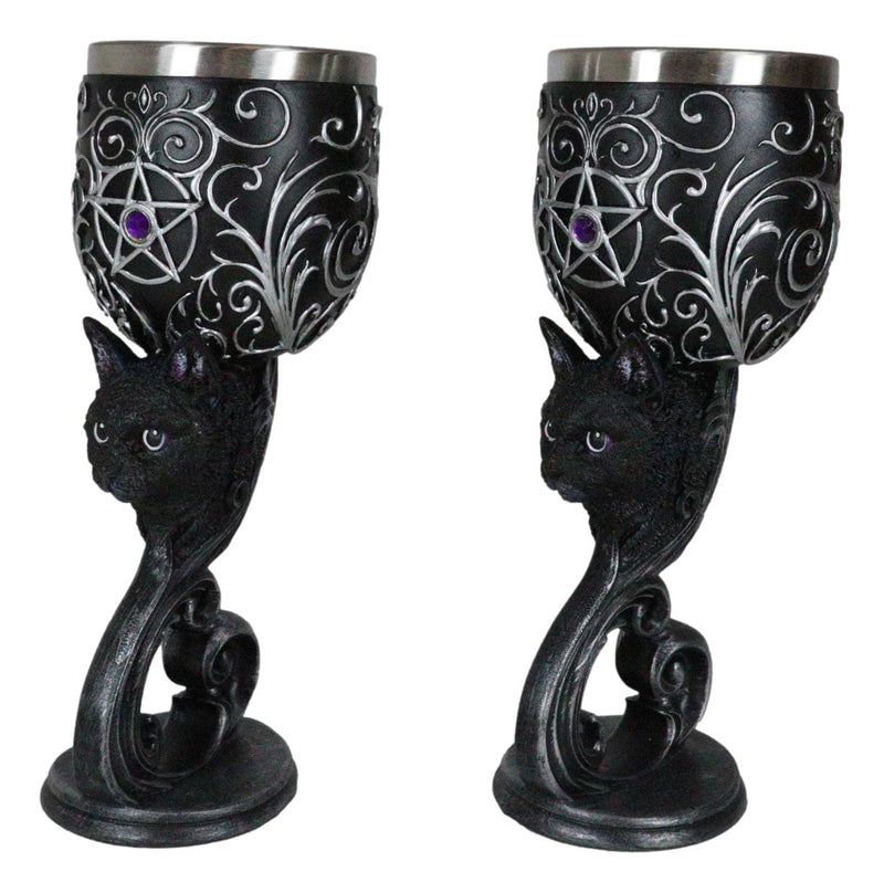 Set Of 2 Wicca Black Cats Familiars Love Hex Of The Heart Pentagram Wine Goblets