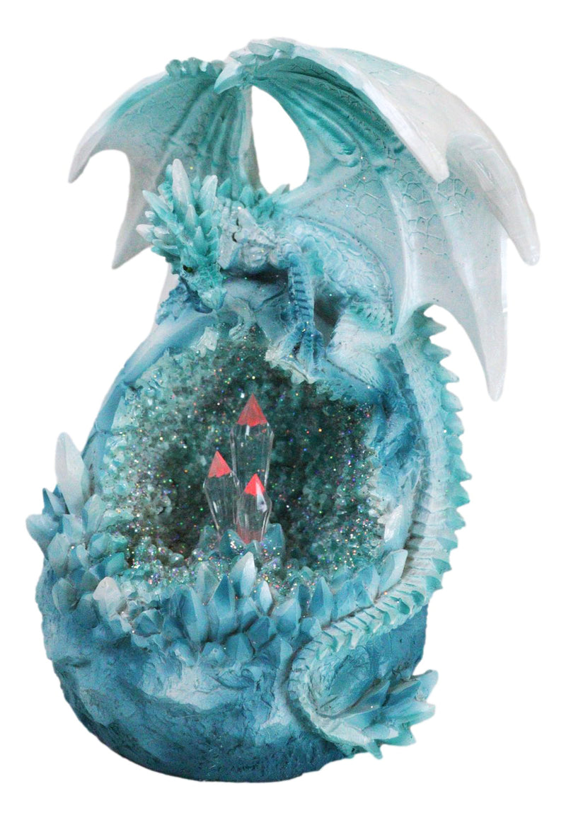 Winter Snow Dragon Resting On Frozen Snow Geode Egg With LED Crystals Figurine