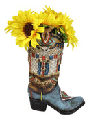 Southwestern Indian Beaded Turquoise Mystic Owl Faux Leather Cowboy Boot Vase