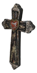 Rustic Western Faux Distressed Wood God Bless Heart Silver Scroll Wall Cross 12"