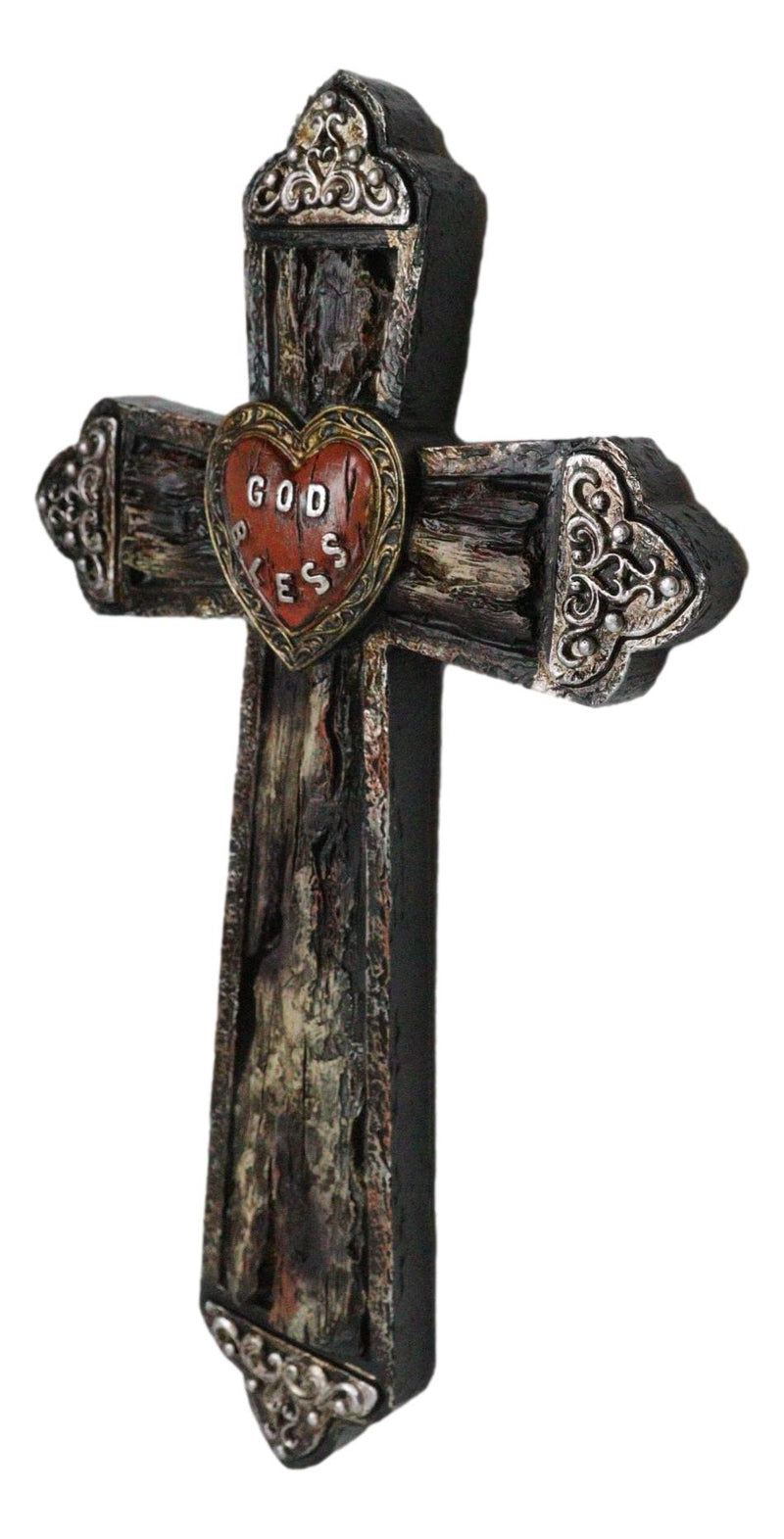 Rustic Western Faux Distressed Wood God Bless Heart Silver Scroll Wall Cross 12"