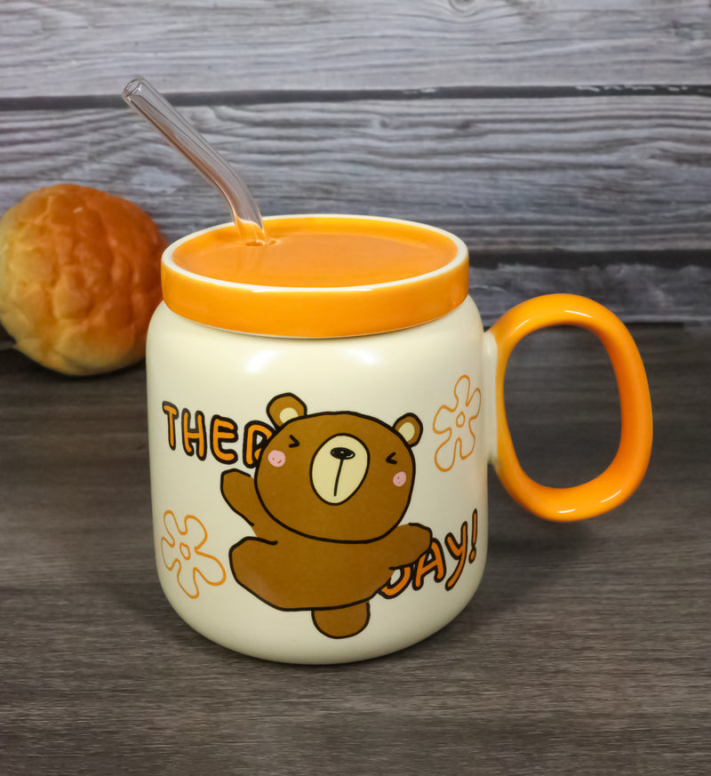 Whimsical Brown Bear Anime 16oz Orange Ceramic Mug Cup With Lid And Glass Straw