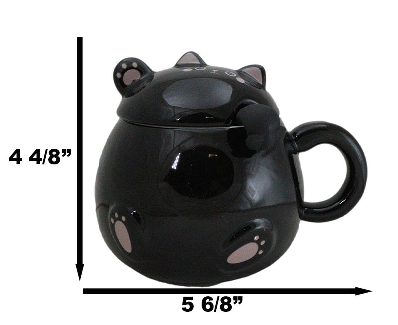 Whimsical Black Chubby Feline Kitty Cat Cup Mug With Lid And Stirring Spoon