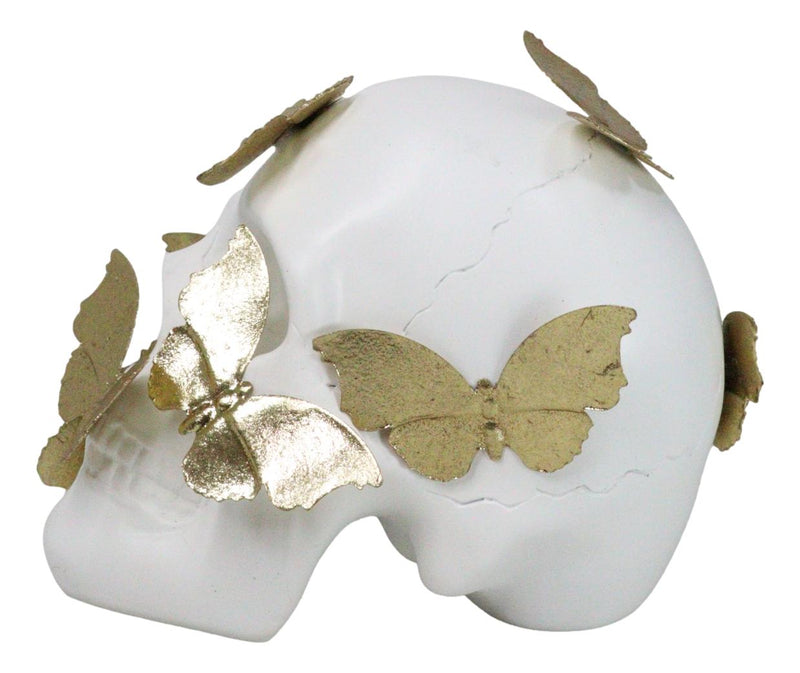 Boudoir Style French Papillon Gold Patina Butterflies On White Skull Figurine