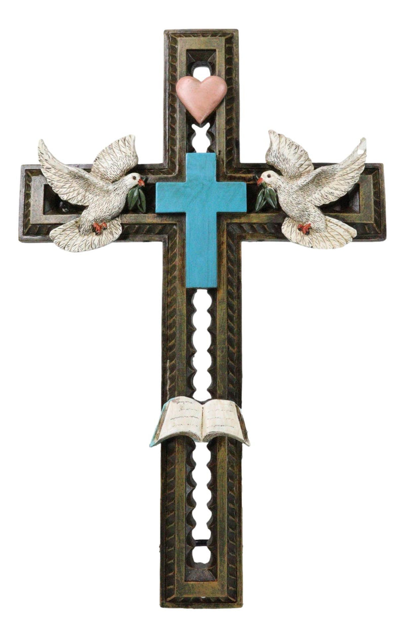 Rustic Turquoise Blue With Holy Bible White Doves Heart Faux Wooden Wall Cross