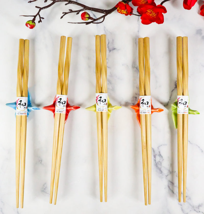 5 Pairs Of Colorful Origami Crane Birds Ceramic Rests With Wooden Chopsticks Set