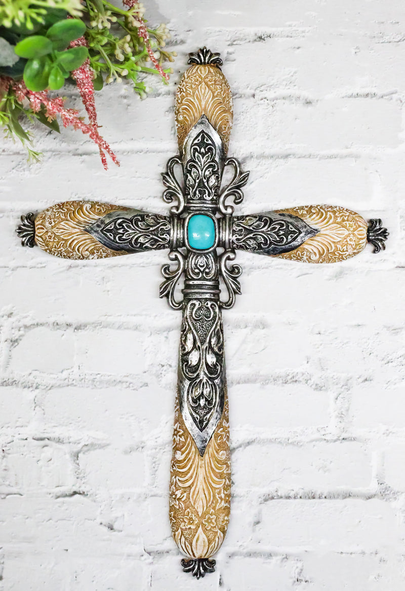 Western Fleur De Lis Floral Tooled Silver Scroll Filigree Turquoise Wall Cross