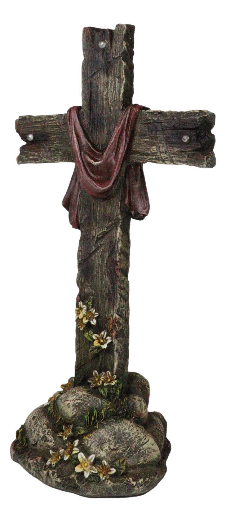 Faux Distressed Wood Scarlet Robe With Rose Of Sharon Standing Cross On Rocks