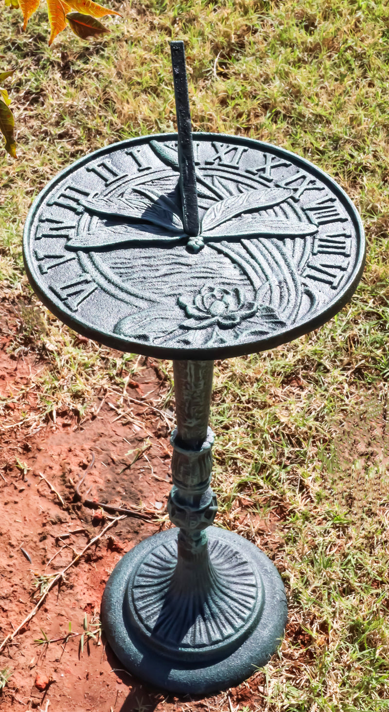 Cast Iron Rustic Verdigris Whimsical Dragonfly Garden Sundial Roman Numerals