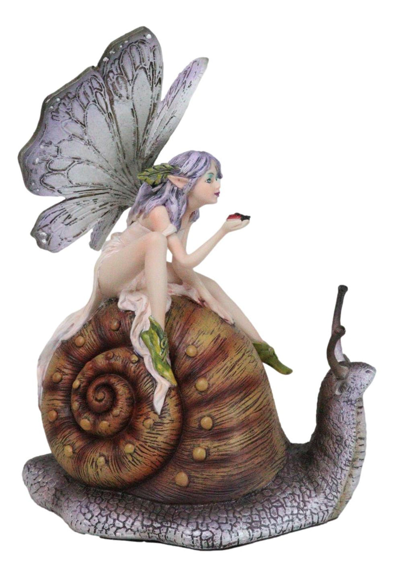 Fantasy Purple Elf Pixie Fairy Ladybug Sitting On Giant Snail Mollusk Figurine