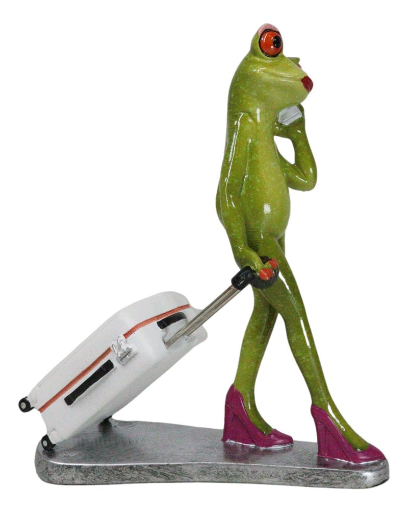 Airport Sky Traveler Lady Frog Wearing Red Heels And Pulling A Suitcase Figurine