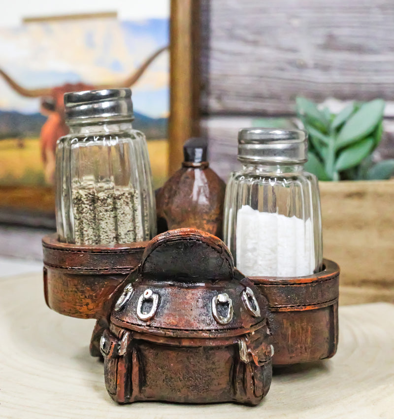 Country Western Faux Leather Cowboy Horse Saddle Salt Pepper Shakers Holder