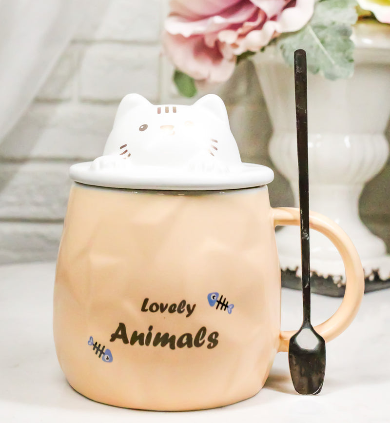 Whimsical Orange Chubby Feline Kitty Cat Cup Mug With Lid And Stirring Spoon