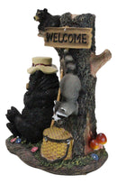 Forest Sleeping Black Bear With Cub On Tree And Sneaky Raccoon Welcome Figurine