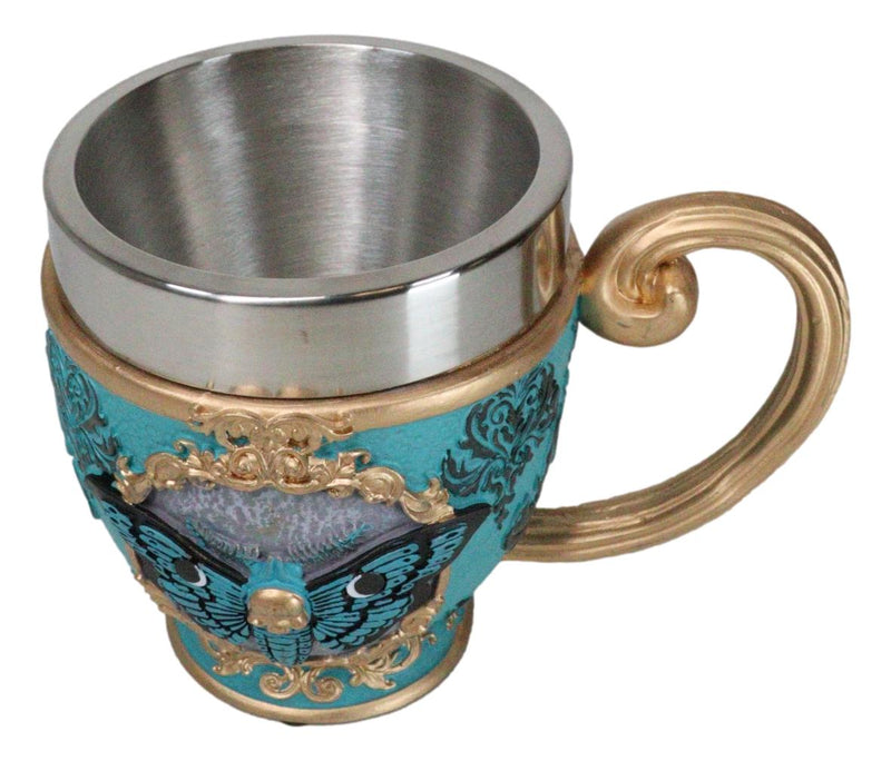 Wicca Turquoise Cameo Golden Lace Scroll Butterfly Moth Skull Tea Cup Mug