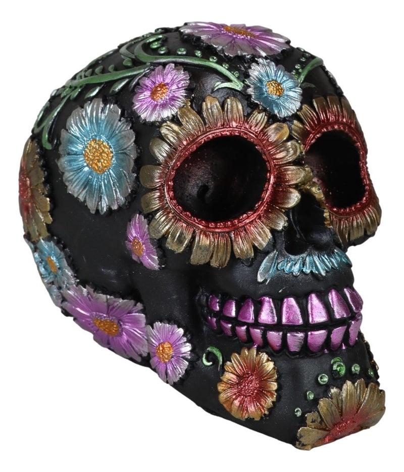 Black Day of The Dead Colorful Floral Blooms Sugar Skull Macabre Figurine 6"L