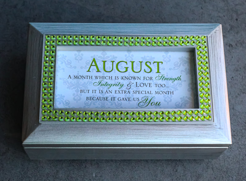 August Peridot Strength Integrity Birthstones Silver Tone Musical Trinket Box