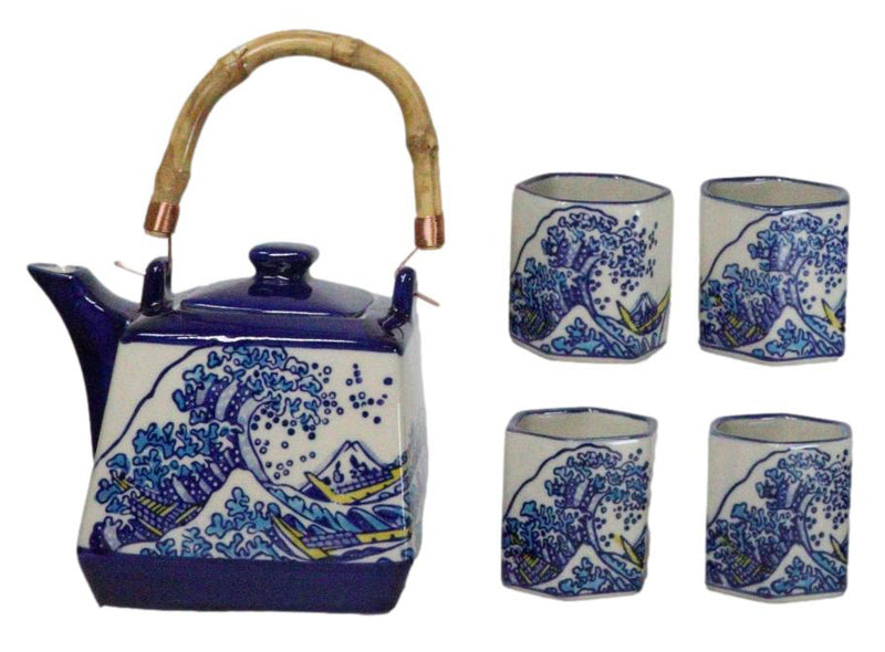 Blue White Great Wave Of Kanagawa Hokusai Hexagonal Teapot With 4 Tea Cups Set