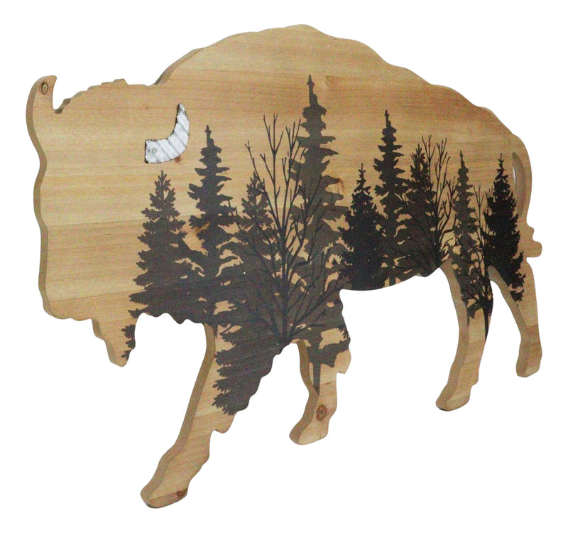 Western Bison Buffalo With Forest Silhouette Wooden Plank Cutout Wall Decor