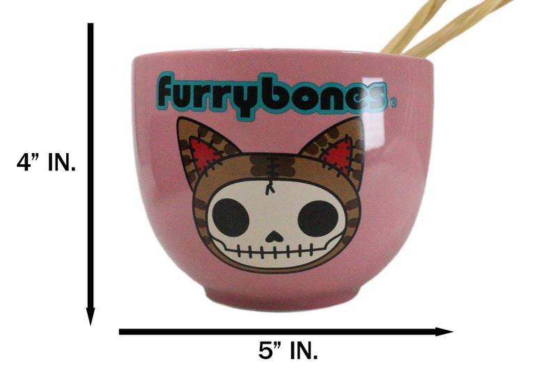 Furrybones Maneki Neko Cat Skeleton Pink Porcelain Bowl With Chopsticks Set