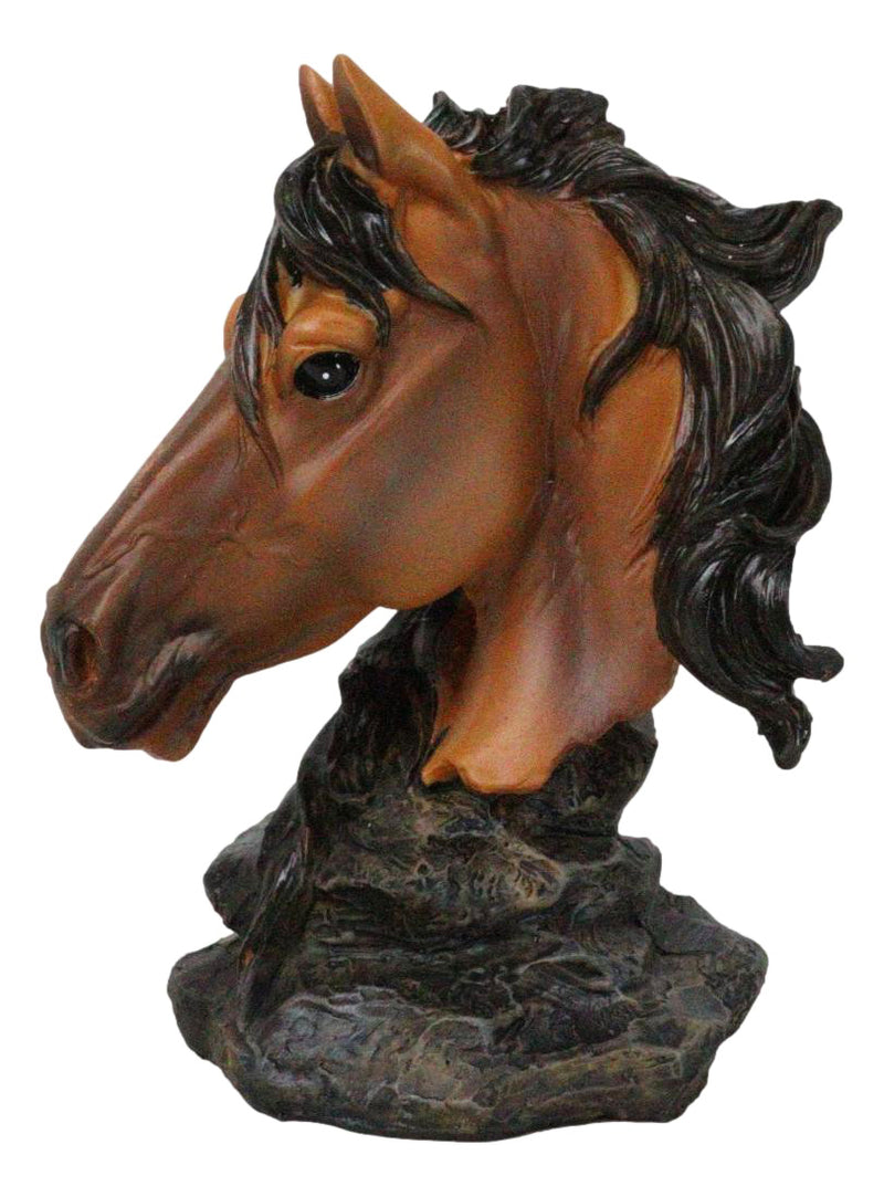 Wild and Free Brown Stallion Equine Horse Bust On Rocky Pillar Base Figurine