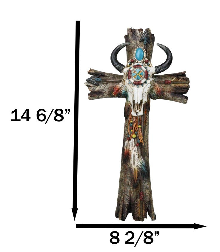 Southwestern Tribal Cow Skull With Arrows Turquoise Gems And Feathers Wall Cross