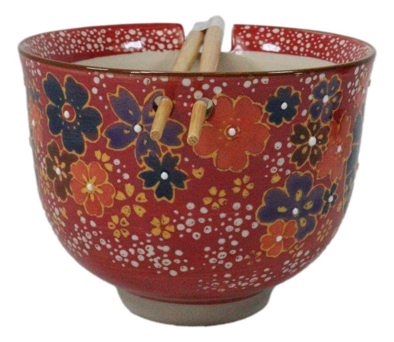 Colorful Spring Flowers Ceramic Donburi Ramen Soup Red Bowl With Chopsticks Set