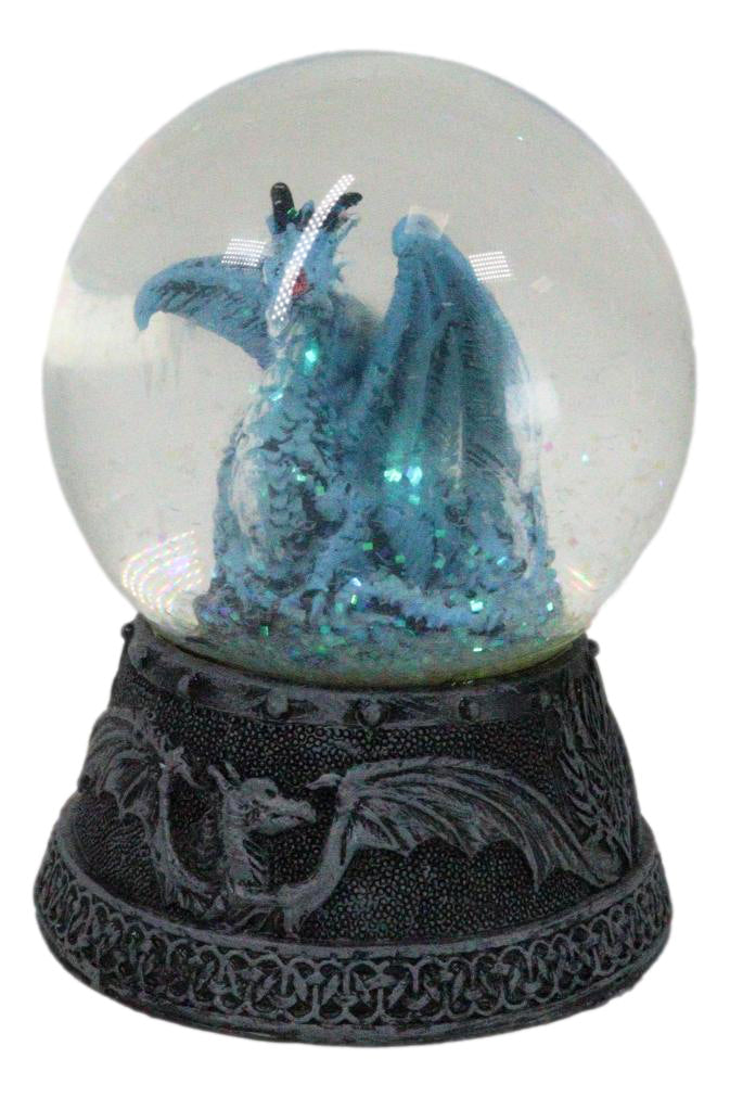 Mythical Quicksilver Blue Dragon Water Globe Figurine With Glitters 4.25"H