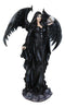 Gothic Messenger Black Cloaked Fairy With Raven Wings Holding Skull Figurine