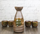 Glazed Ceramic Abstract Clay Brown Japanese Sake Tokkuri Flask And 4 Cups Set