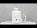 White Bunny Rabbit Hug Me Ceramic Mug With Bunny Ears Lid And Stirring Spoon