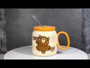 Whimsical Brown Bear Anime 16oz Orange Ceramic Mug Cup With Lid And Glass Straw