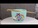 Furrybones Teal Blue Uni Rainbow Unicorn Porcelain Bowl With Chopsticks Set