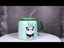 Whimsical Anime Green Giant Panda 16oz Ceramic Mug Cup With Lid And Glass Straw