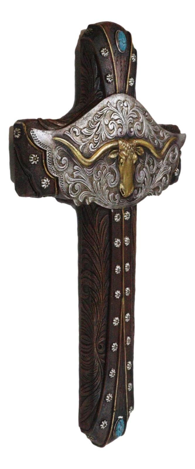 Rustic Western Texas Longhorn Bull Cow Tooled Concho Turquoise Rocks Wall Cross