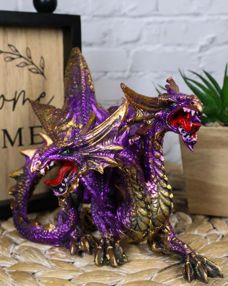 Metallic Purple And Gold Fantasy Double Headed Hydra Dragons Crouching Figurine