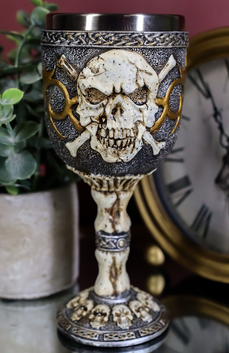 Skeleton Cross Bones Cracked Skull Graveyard Wine Goblet Chalice Figurine