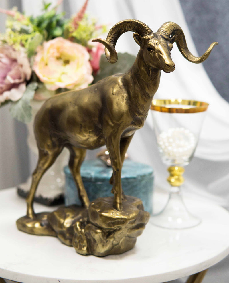 Large Country Wildlife Bighorn Sheep Ram Climbing On Rock Statue In Gold Patina