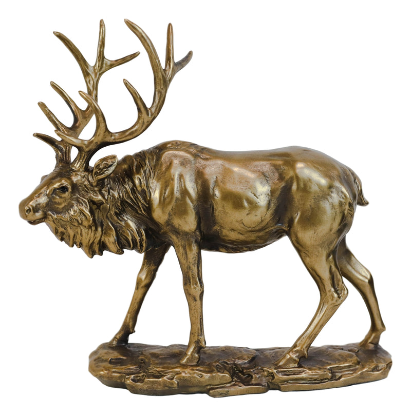 Large Wapiti Bull Elk Deer With Towering Antlers Rustic Statue In Gold Patina