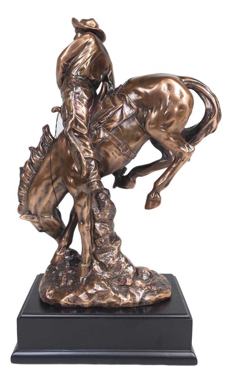 Large Rustic Western Rodeo Cowboy With Bucking Horse Statue With Black Base