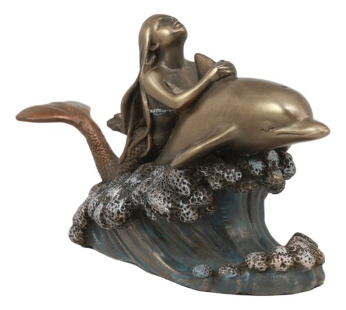 Pretty Little Mermaid Riding On Dolphin Statue 6.25"Long Surfing Coastal Decor