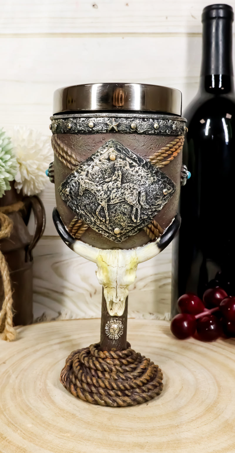 Western Bison Steer Skull With Lasso Ropes Cowboy On Horse Wine Goblet Chalice