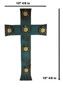 Rustic Western Distressed Wood Turquoise Blue Faux Antler Bone Crowns Wall Cross