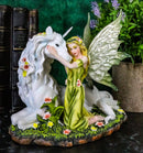 Ebros Gift Green Earth Gaia Fairy with Rare Floral White Unicorn Statue Decor Figurine 7" Long Unicorns Glade Enchanted Magical Encounter Collectible