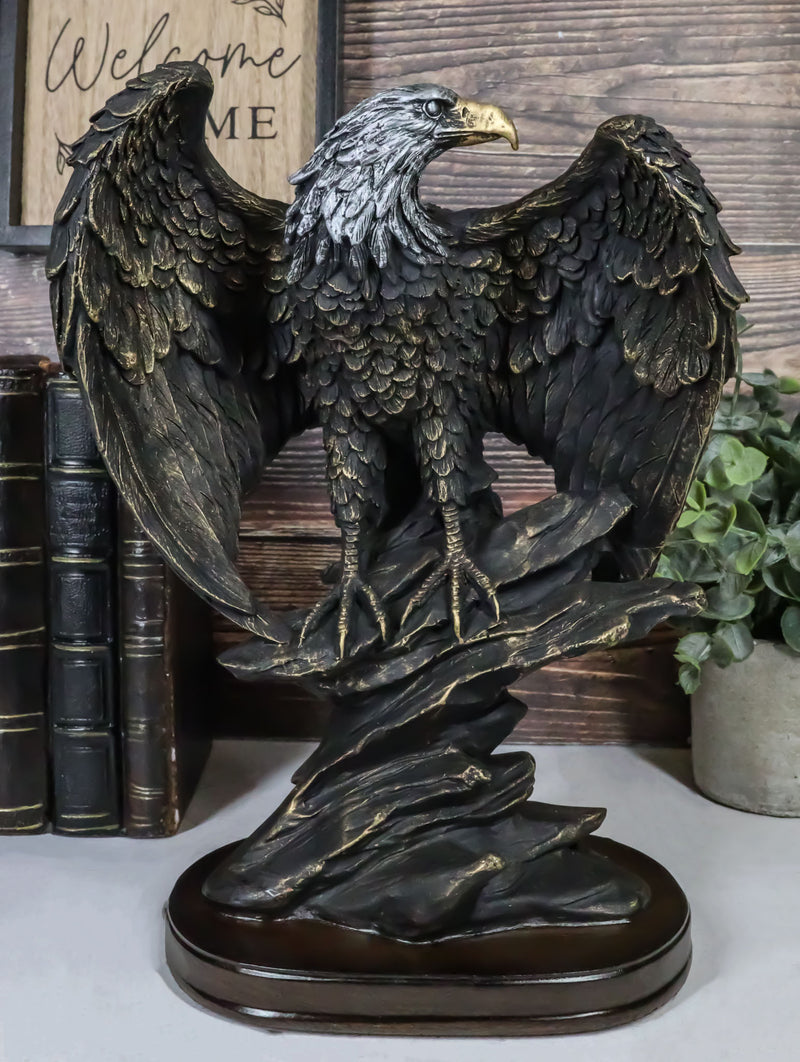 American Patriotic Large Bald Eagle Perched On Rocky Cliff Resin Figurine 10"H