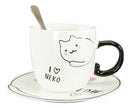 Pack Of 2 Calico And White Maneki Neko Cat Mugs 8oz With Saucer & Notched Spoon